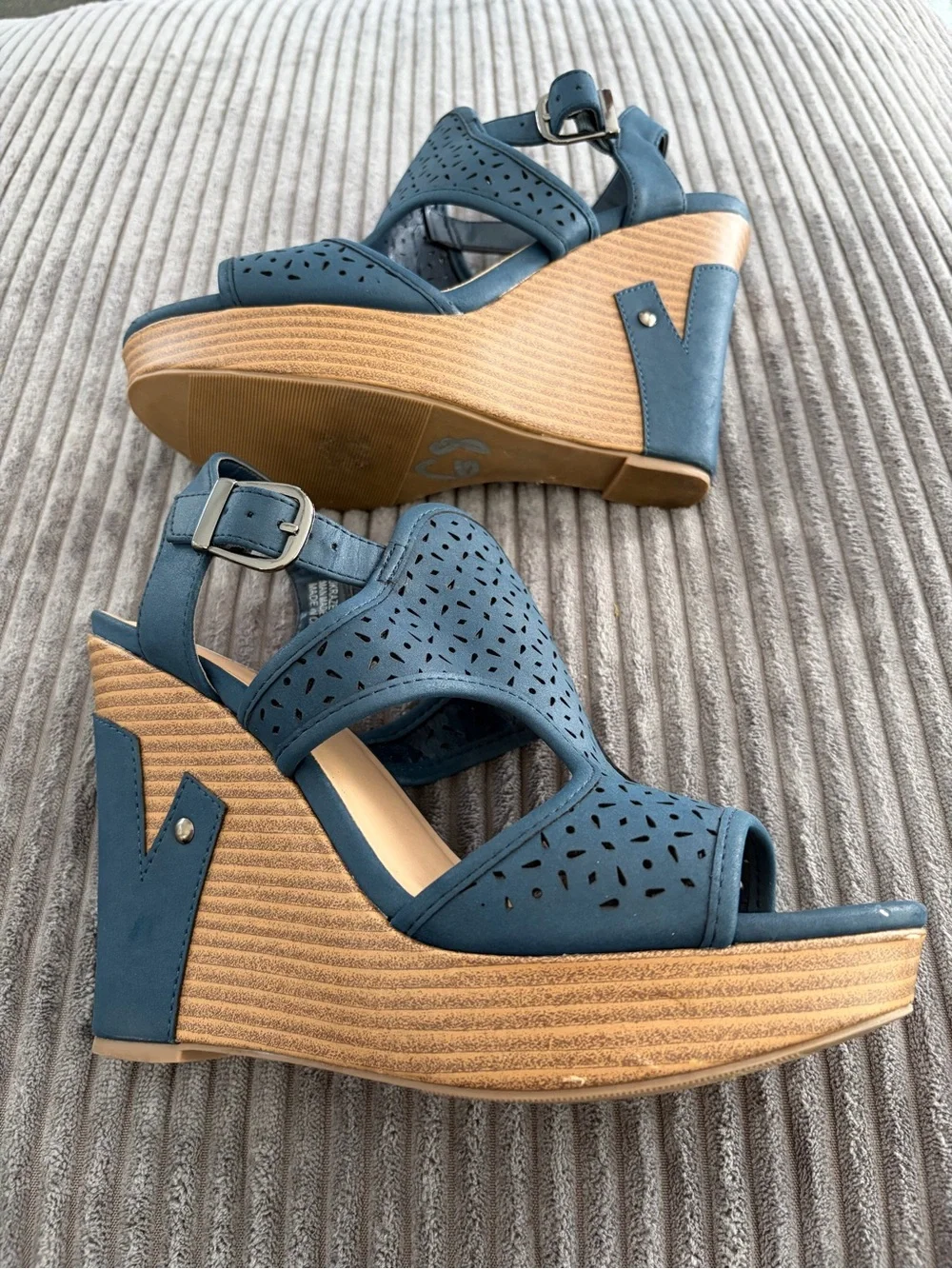 Jasmine Blue Laser-Cut Wedge Sandals with Buckle Ankle Strap